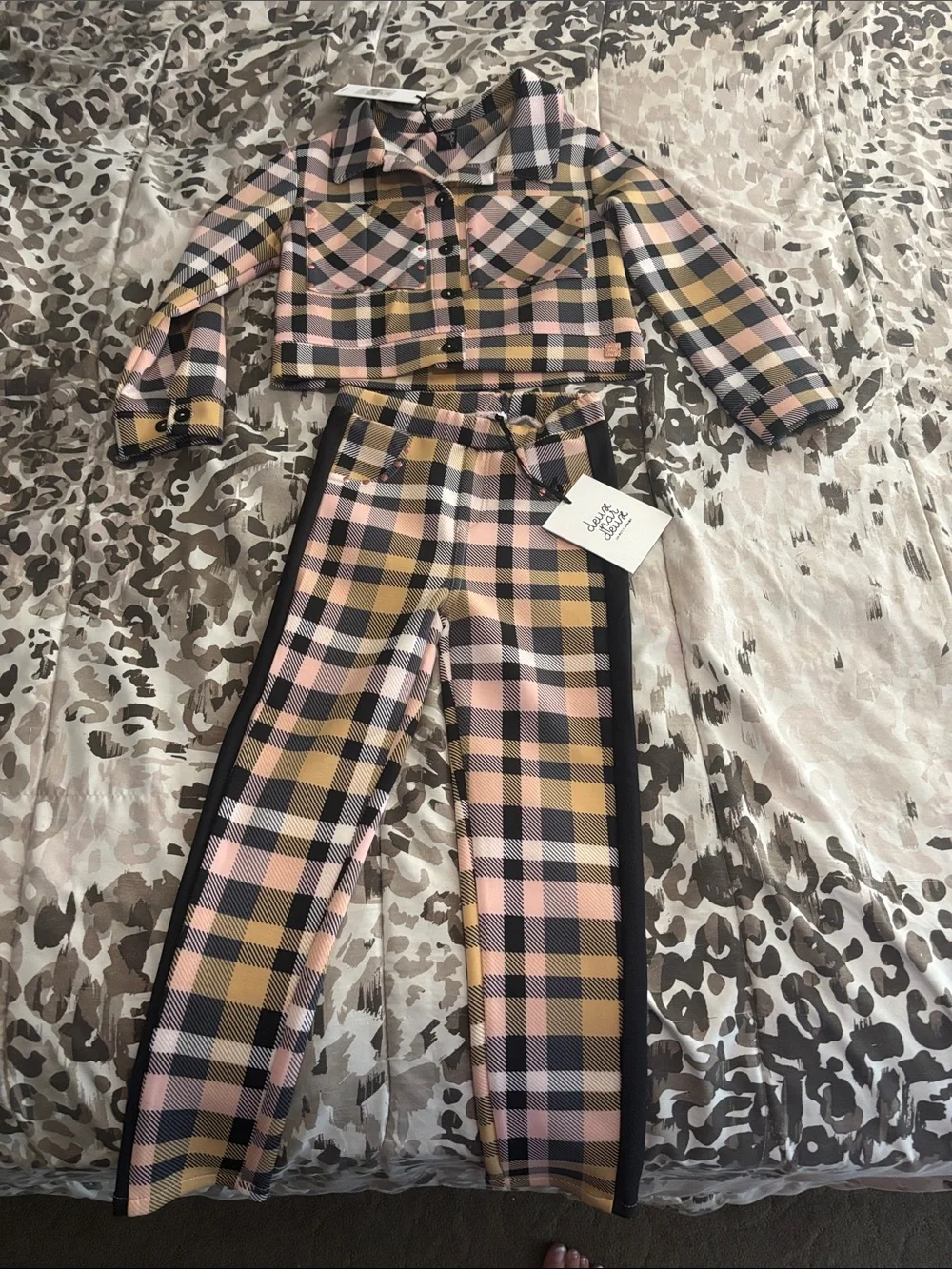 deux par deux Pink, Mustard & Black Plaid Cropped Jacket with Track Pants